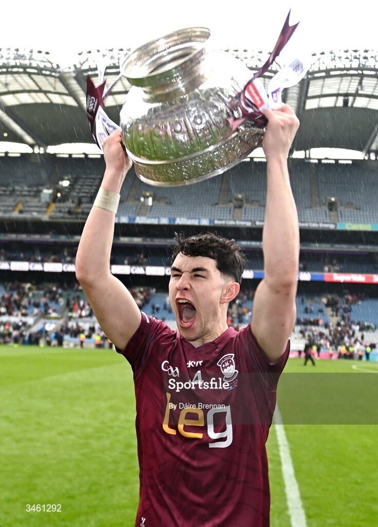 17 May 2026; Jack Duncan of Westmeath celebrates with the Delaney cup after the Leinster GAA Football Senior Championship final match between Dublin and Westmeath at Croke Park in Dublin. Photo by Daire Brennan/Sportsfile