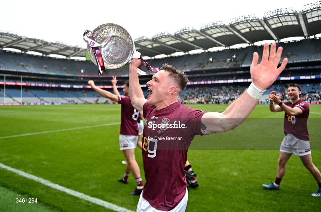 17 May 2026; Conor Dillon of Westmeath celebrates with the Delaney cup after the Leinster GAA Football Senior Championship final match between Dublin and Westmeath at Croke Park in Dublin. Photo by Daire Brennan/Sportsfile