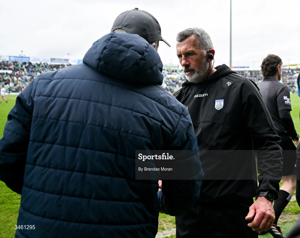 17 May 2026; Waterford manager Peter Queally, right, shakes hands with Limerick manager John Kiely after the Munster GAA Senior Hurling Championship Round 4 match between Limerick and Waterford at TUS Gaelic Grounds in Limerick. Photo by Brendan Moran/Sportsfile