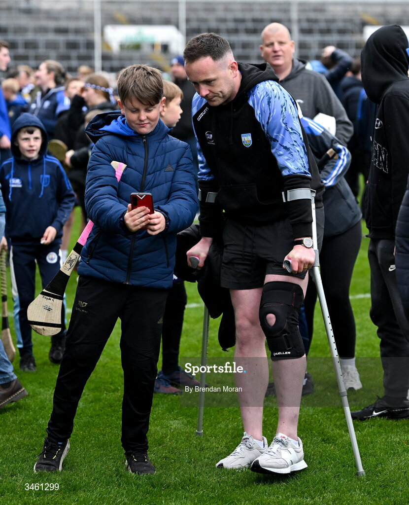 17 May 2026; Injured Waterford hurler Stephen Bennett poses for a selfie with a supporter after the Munster GAA Senior Hurling Championship Round 4 match between Limerick and Waterford at TUS Gaelic Grounds in Limerick. Photo by Brendan Moran/Sportsfile