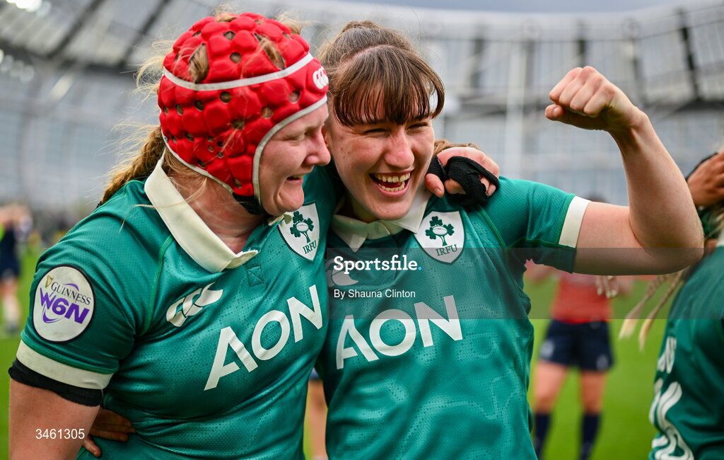 17 May 2026; Aoife Wafer, left, and Niamh Gallagher of Ireland celebrate after their side's victory in the Women's 6 Nations Rugby Championship match between Ireland and Scotland at the Aviva Stadium in Dublin. Photo by Shauna Clinton/Sportsfile