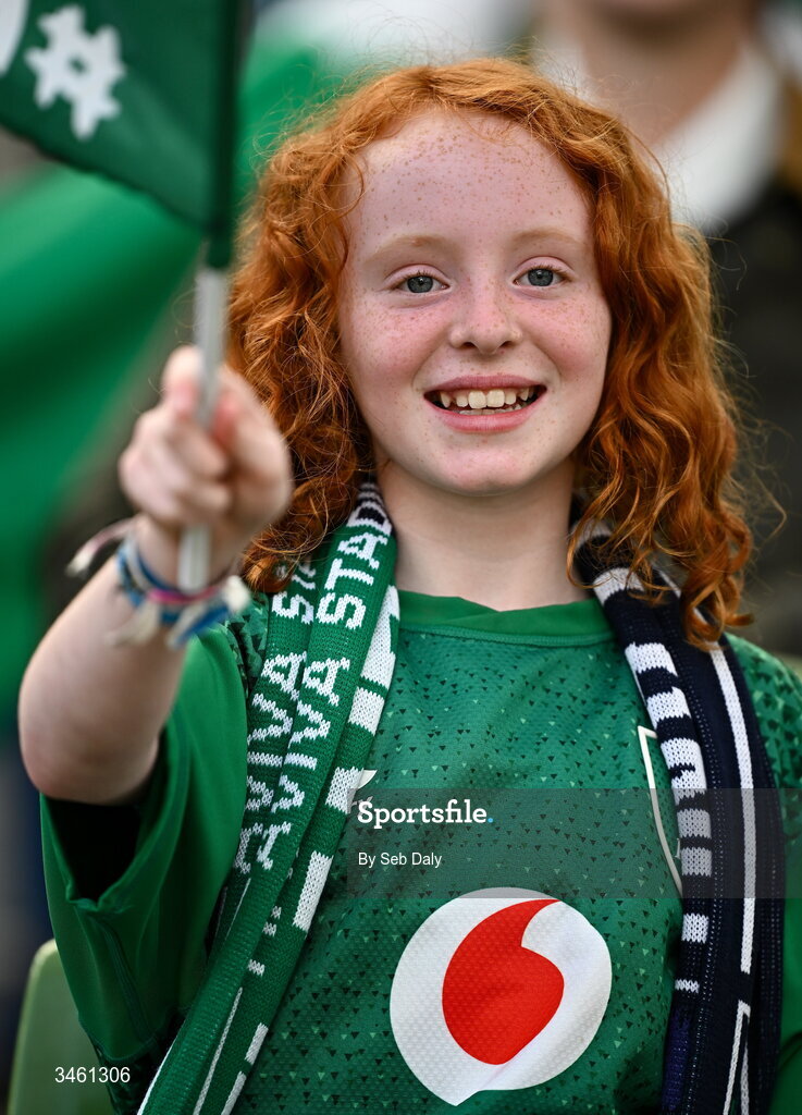 17 May 2026; An Ireland supporter during the Women's 6 Nations Rugby Championship match between Ireland and Scotland at the Aviva Stadium in Dublin. Photo by Seb Daly/Sportsfile