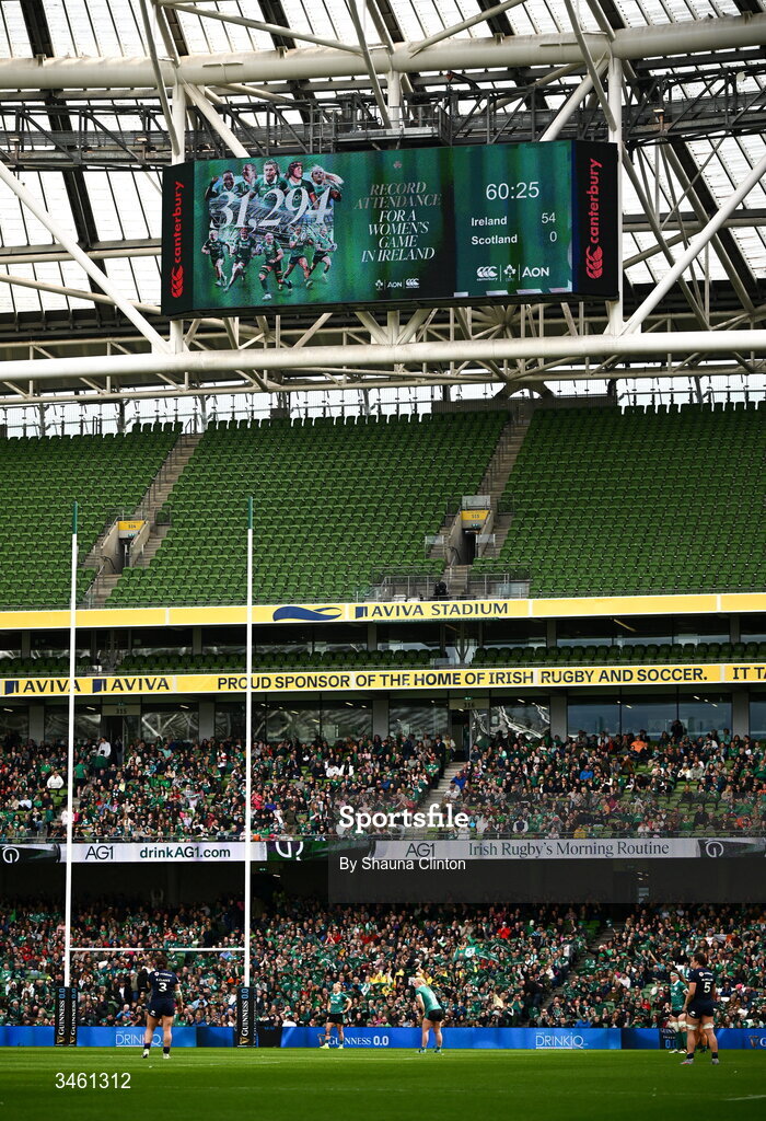 17 May 2026; The big screen showcases an attendance of 31,294 during the Women's 6 Nations Rugby Championship match between Ireland and Scotland at the Aviva Stadium in Dublin. Photo by Shauna Clinton/Sportsfile