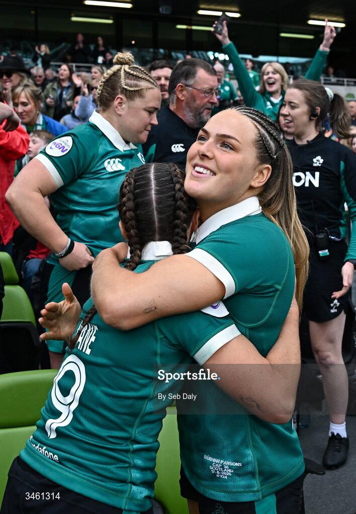 17 May 2026; Ireland players Béibhinn Parsons, right, and Emily Lane after the Women's 6 Nations Rugby Championship match between Ireland and Scotland at the Aviva Stadium in Dublin. Photo by Seb Daly/Sportsfile