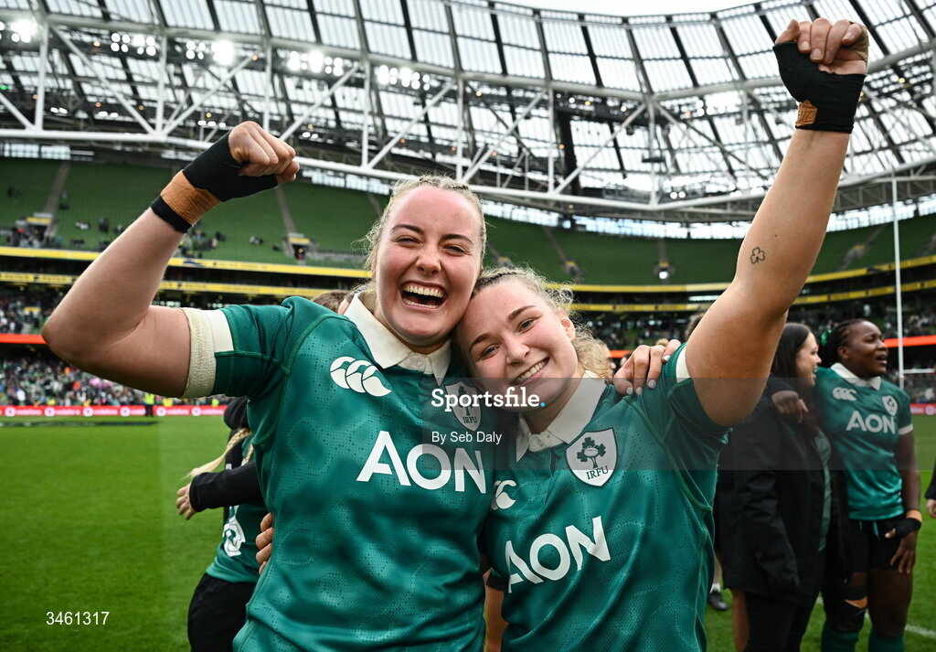 17 May 2026; Ireland players Fiona Tuite, left, and Sadhbh McGrath after the Women's 6 Nations Rugby Championship match between Ireland and Scotland at the Aviva Stadium in Dublin. Photo by Seb Daly/Sportsfile