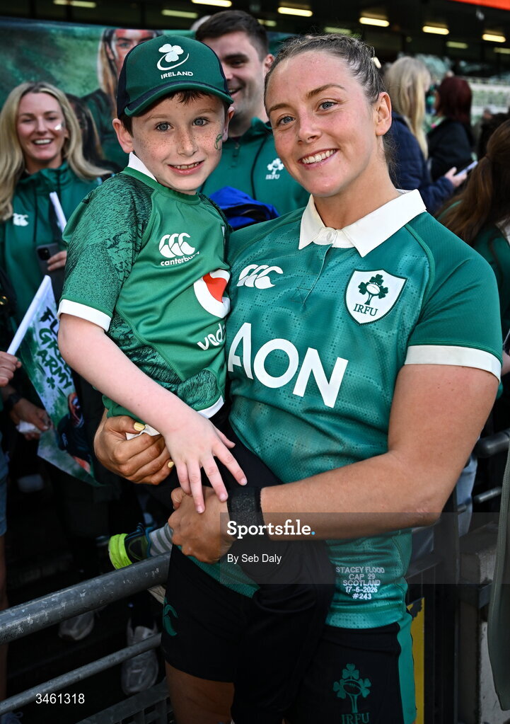 17 May 2026; Stacey Flood of Ireland with her nephew Charlie after the Women's 6 Nations Rugby Championship match between Ireland and Scotland at the Aviva Stadium in Dublin. Photo by Seb Daly/Sportsfile