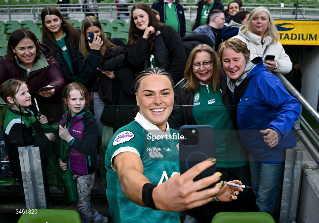 17 May 2026; Béibhinn Parsons of Ireland with supporters after the Women's 6 Nations Rugby Championship match between Ireland and Scotland at the Aviva Stadium in Dublin. Photo by Seb Daly/Sportsfile
