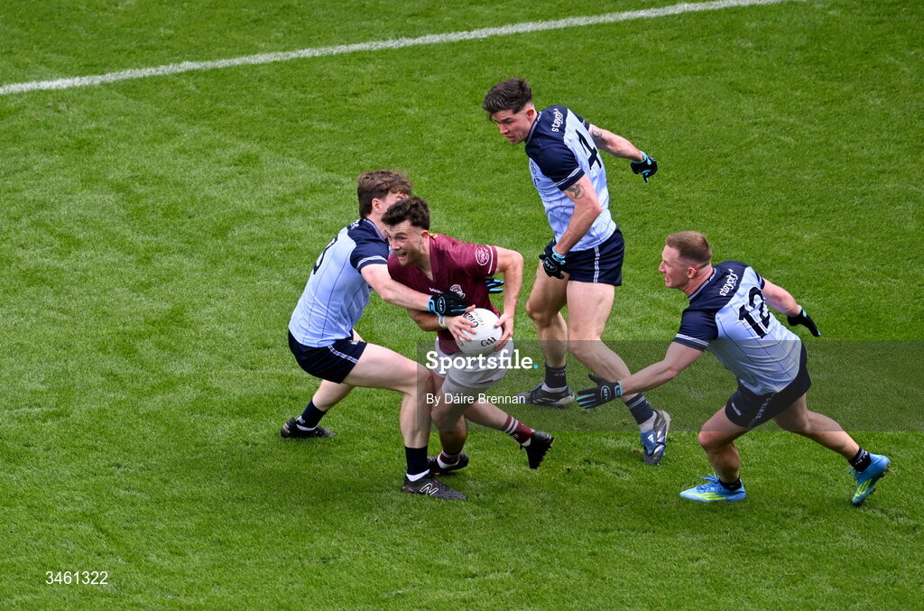 17 May 2026; Brian Cooney of Westmeath in action against Dublin players, left to right, Nathan Doran, David Byrne, and Ciarán Kilkenny during the Leinster GAA Football Senior Championship final match between Dublin and Westmeath at Croke Park in Dublin. Photo by Daire Brennan/Sportsfile