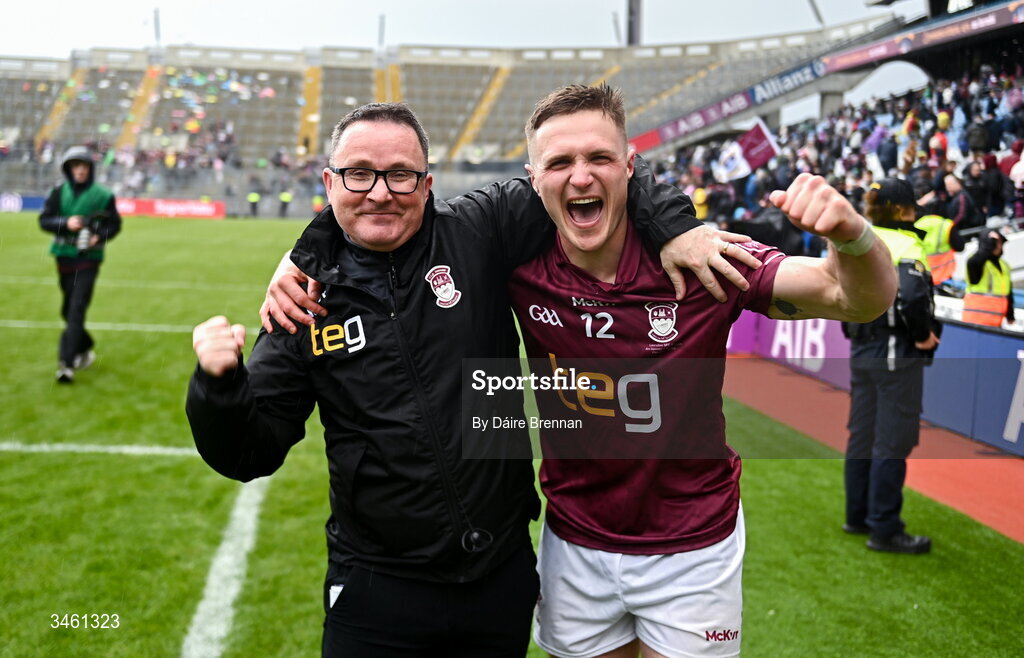 17 May 2026; Westmeath assistant manager Emmet McDonnell annd Conor Dillon celebrate after the Leinster GAA Football Senior Championship final match between Dublin and Westmeath at Croke Park in Dublin. Photo by Daire Brennan/Sportsfile