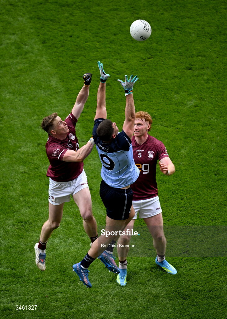 17 May 2026; Brian Howard of Dublin in action against Ray Connellan, left, and Ronan Wallace of Westmeath during the Leinster GAA Football Senior Championship final match between Dublin and Westmeath at Croke Park in Dublin. Photo by Daire Brennan/Sportsfile