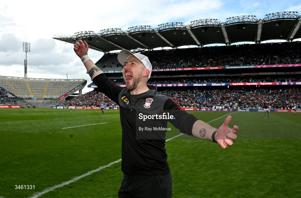 17 May 2026; Westmeath manager Mark McHugh celebrates at the final hooter after the Leinster GAA Football Senior Championship final match between Dublin and Westmeath at Croke Park in Dublin. Photo by Ray McManus/Sportsfile
