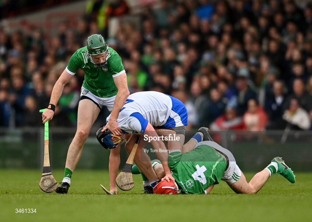 17 May 2026; William O'Donoghue, left, and Barry Nash of Limerick tussle with Austin Gleeson of Waterford during the Munster GAA Senior Hurling Championship Round 4 match between Limerick and Waterford at TUS Gaelic Grounds in Limerick. Photo by Tom Beary/Sportsfile