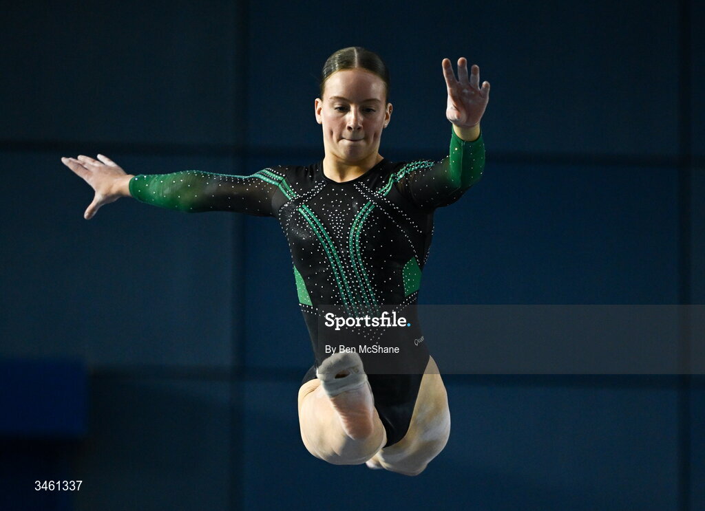 17 May 2026; Mimi Moloney competes in the Beam event during the Gymnastics Ireland National Series Sport Ireland National Indoor Arena on the Sport Ireland Campus in Dublin. Photo by Ben McShane/Sportsfile