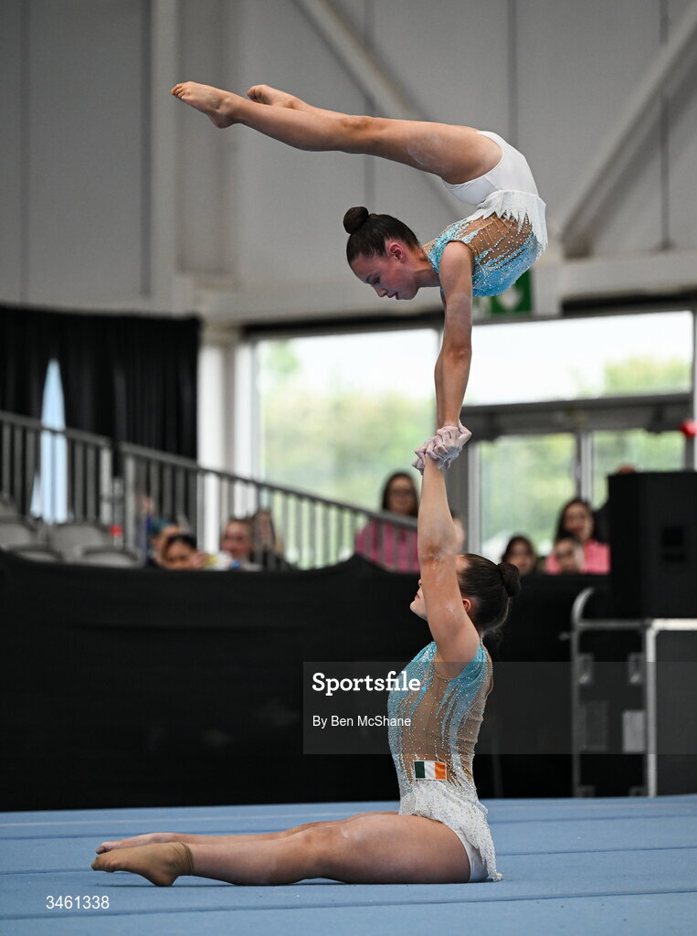 17 May 2026; Madison Summers and Sophia Whelan of Wexford Gymnastics Club competes in the Acrobatic Floor event during the Gymnastics Ireland National Series Sport Ireland National Indoor Arena on the Sport Ireland Campus in Dublin. Photo by Ben McShane/Sportsfile