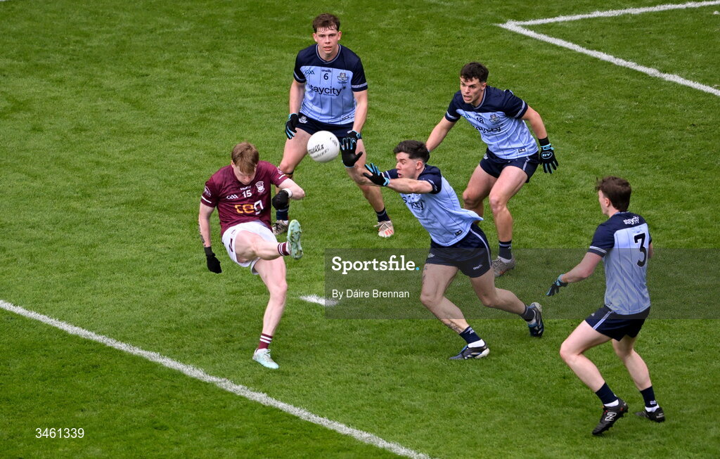 17 May 2026; Brandon Kelly of Westmeath gets his shot away despite the challenge from David Byrne of Dublin during the Leinster GAA Football Senior Championship final match between Dublin and Westmeath at Croke Park in Dublin. Photo by Daire Brennan/Sportsfile