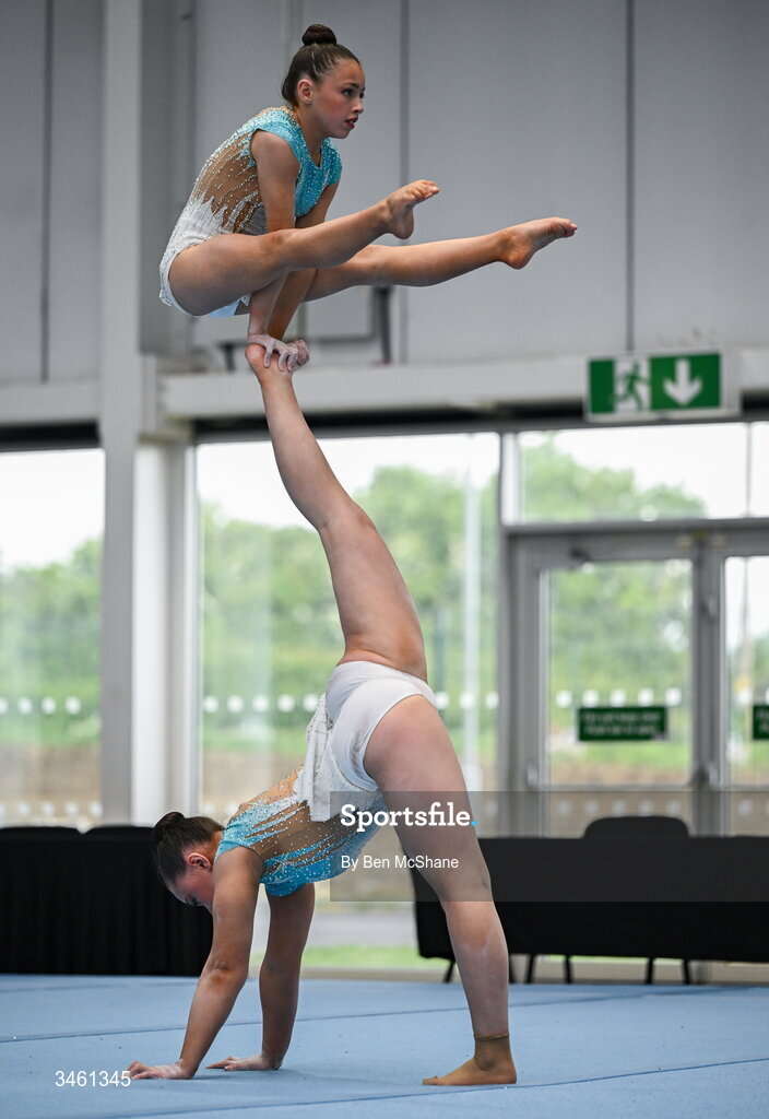 17 May 2026; Madison Summers and Sophia Whelan of Wexford Gymnastics Club competes in the Acrobatic Floor event during the Gymnastics Ireland National Series Sport Ireland National Indoor Arena on the Sport Ireland Campus in Dublin. Photo by Ben McShane/Sportsfile
