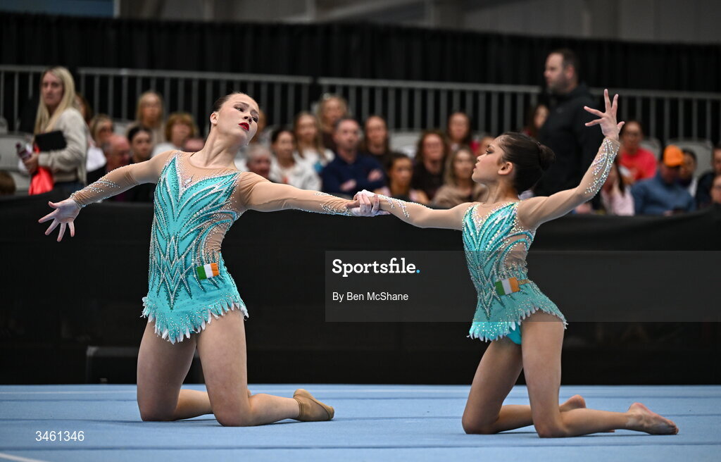 17 May 2026; Emily McCarthy and Ava Guiney of Cork Acrobatics Club competes in the Acrobatic Floor event during the Gymnastics Ireland National Series Sport Ireland National Indoor Arena on the Sport Ireland Campus in Dublin. Photo by Ben McShane/Sportsfile