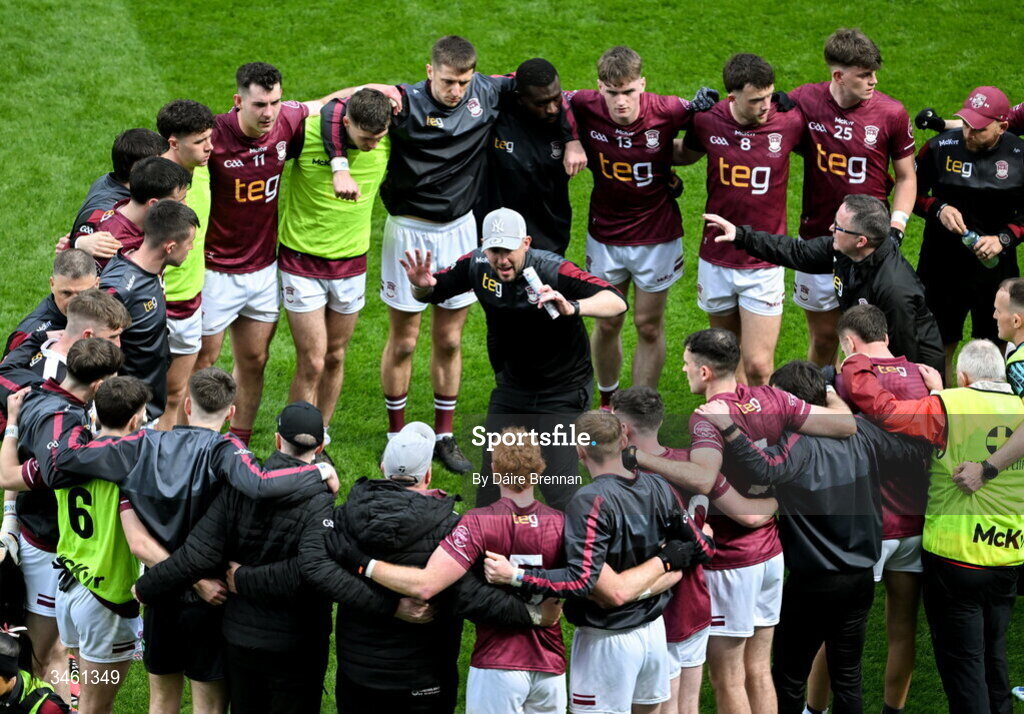 17 May 2026; Westmeath manager Mark McHugh speaks to his players at half time of extra time during the Leinster GAA Football Senior Championship final match between Dublin and Westmeath at Croke Park in Dublin. Photo by Daire Brennan/Sportsfile