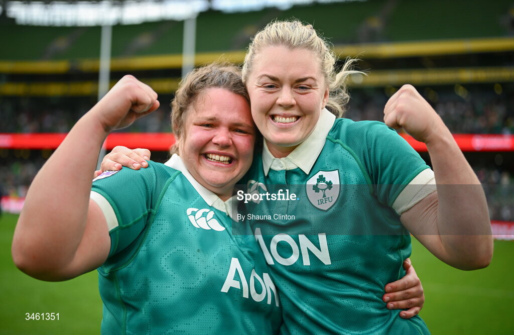 17 May 2026; Ellena Perry, left, and Sam Monaghan of Ireland celebrate after their side's victory in the Women's 6 Nations Rugby Championship match between Ireland and Scotland at the Aviva Stadium in Dublin. Photo by Shauna Clinton/Sportsfile