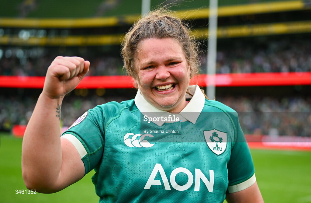 17 May 2026; Ellena Perry of Ireland celebrate after her side's victory in the Women's 6 Nations Rugby Championship match between Ireland and Scotland at the Aviva Stadium in Dublin. Photo by Shauna Clinton/Sportsfile