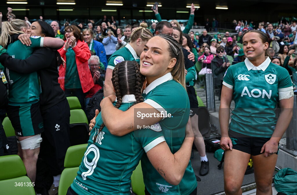 17 May 2026; Ireland players Béibhinn Parsons, right, and Emily Lane after the Women's 6 Nations Rugby Championship match between Ireland and Scotland at the Aviva Stadium in Dublin. Photo by Seb Daly/Sportsfile