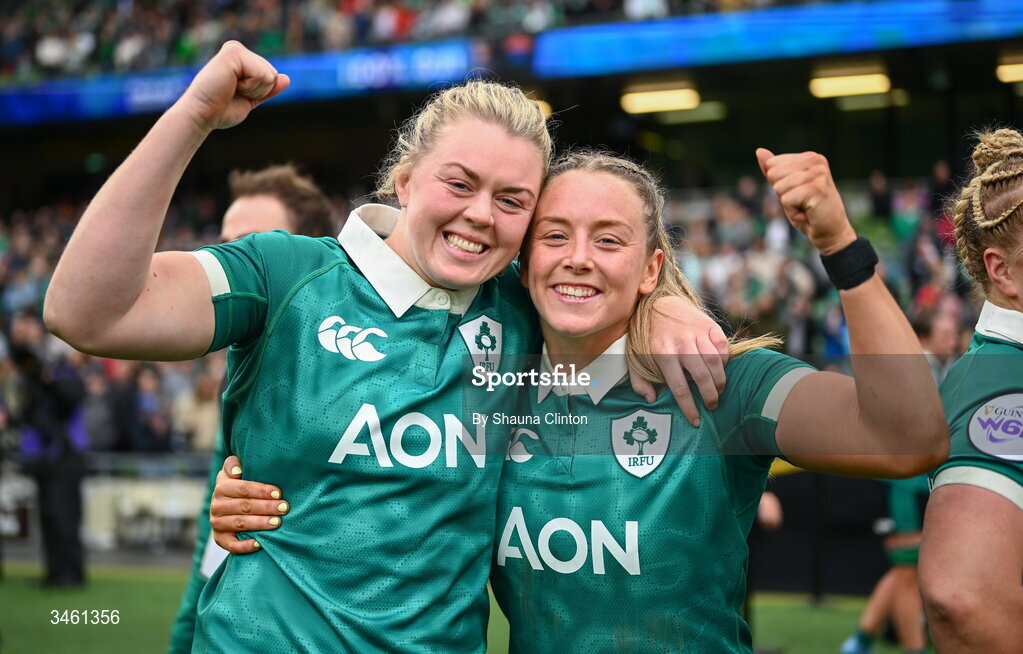 17 May 2026; Sam Monaghan, left, and Stacey Flood of Ireland celebrate after their side's victory in the Women's 6 Nations Rugby Championship match between Ireland and Scotland at the Aviva Stadium in Dublin. Photo by Shauna Clinton/Sportsfile