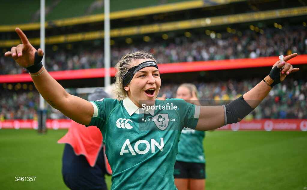17 May 2026; Ireland captain Erin King celebrates after her side's victory in the Women's 6 Nations Rugby Championship match between Ireland and Scotland at the Aviva Stadium in Dublin. Photo by Shauna Clinton/Sportsfile