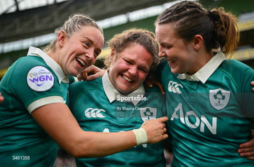 17 May 2026; Ireland players, from left, Stacey Flood, Ellena Perry and Brittany Hogan after the Women's 6 Nations Rugby Championship match between Ireland and Scotland at the Aviva Stadium in Dublin. Photo by Shauna Clinton/Sportsfile