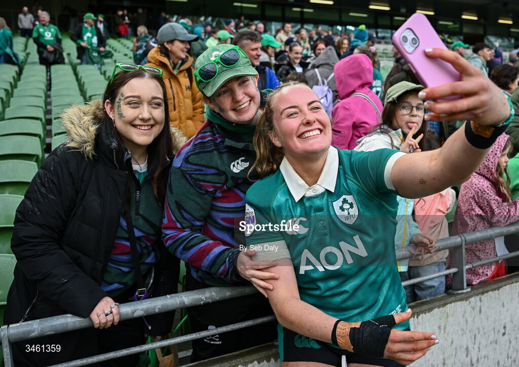 17 May 2026; Fiona Tuite of Ireland with supporters after the Women's 6 Nations Rugby Championship match between Ireland and Scotland at the Aviva Stadium in Dublin. Photo by Seb Daly/Sportsfile