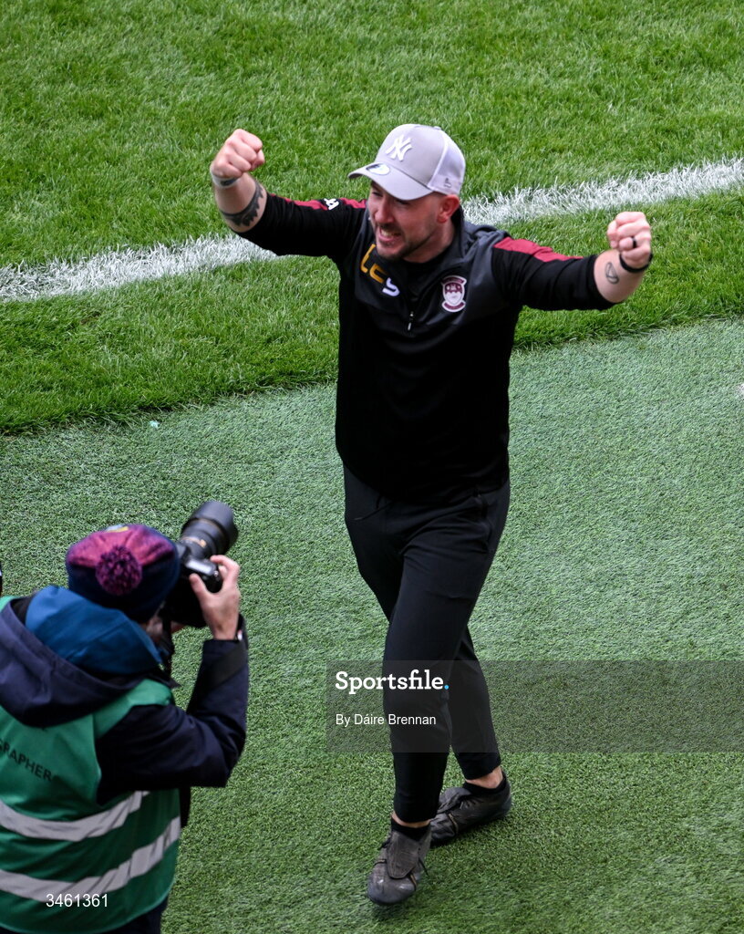 17 May 2026; Westmeath manager Mark McHugh celebrates near the end of the Leinster GAA Football Senior Championship final match between Dublin and Westmeath at Croke Park in Dublin. Photo by Daire Brennan/Sportsfile