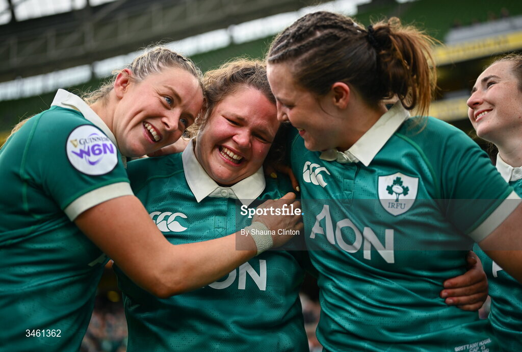 17 May 2026; Ireland players, from left, Stacey Flood, Ellena Perry and Brittany Hogan after the Women's 6 Nations Rugby Championship match between Ireland and Scotland at the Aviva Stadium in Dublin. Photo by Shauna Clinton/Sportsfile