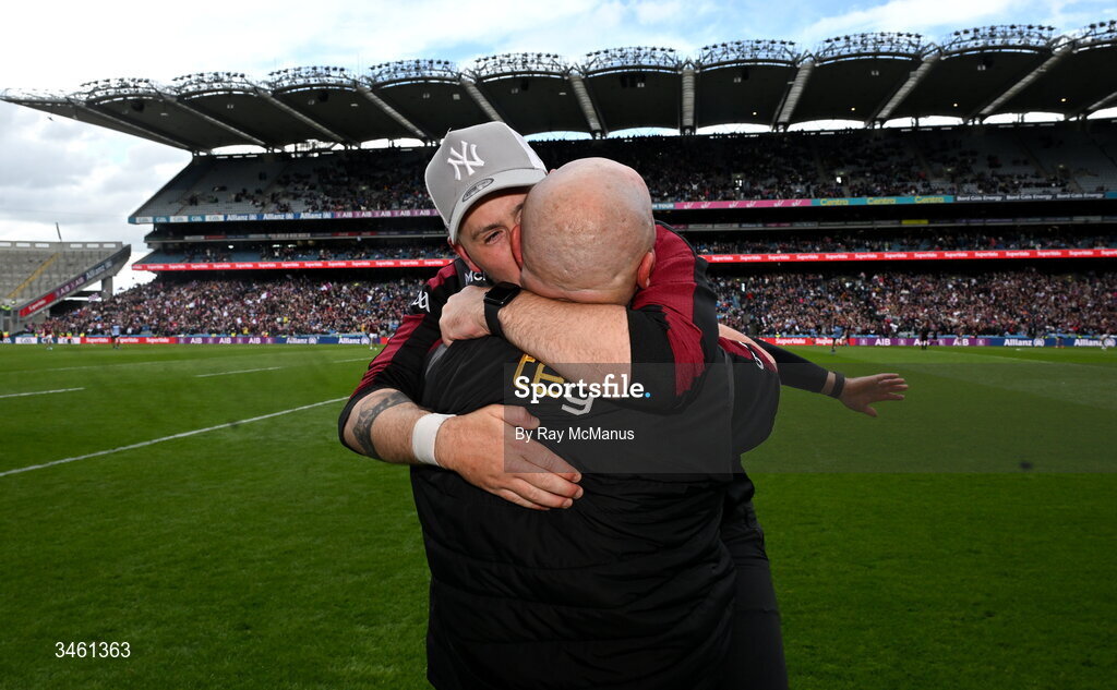 17 May 2026; Westmeath manager Mark McHugh celebrates with kitman Paddy Walsh at the final hooter after the Leinster GAA Football Senior Championship final match between Dublin and Westmeath at Croke Park in Dublin. Photo by Ray McManus/Sportsfile
