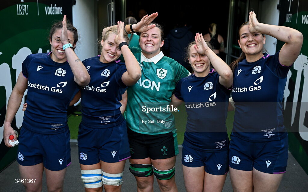 17 May 2026; Sale Sharks players, from left, Scotland's Rhona Lloyd and Eva Donaldson, Ireland's Brittany Hogan, and Scotland's Shona Campbell and Rachel Philipps after the Women's 6 Nations Rugby Championship match between Ireland and Scotland at the Aviva Stadium in Dublin. Photo by Seb Daly/Sportsfile