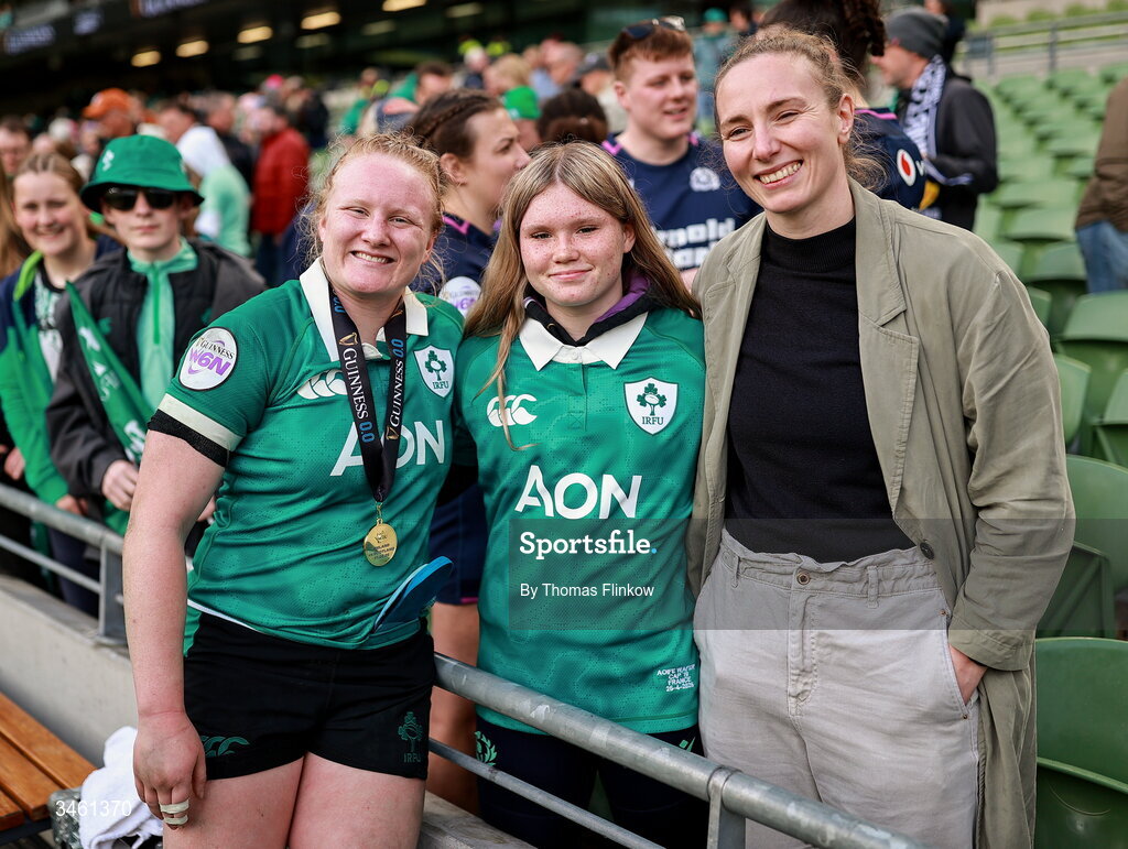 17 May 2026; Aoife Wafer of Ireland with supporters after the Women's 6 Nations Rugby Championship match between Ireland and Scotland at the Aviva Stadium in Dublin. Photo by Thomas Flinkow/Sportsfile