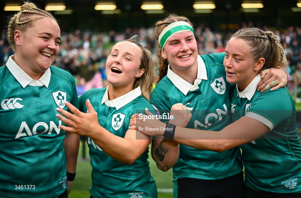 17 May 2026; Ireland players, from left, Cliodhna Moloney MacDonald, Aoife Dalton, Ruth Campbell and Stacey Flood celebrate after their side's victory in the Women's 6 Nations Rugby Championship match between Ireland and Scotland at the Aviva Stadium in Dublin. Photo by Shauna Clinton/Sportsfile