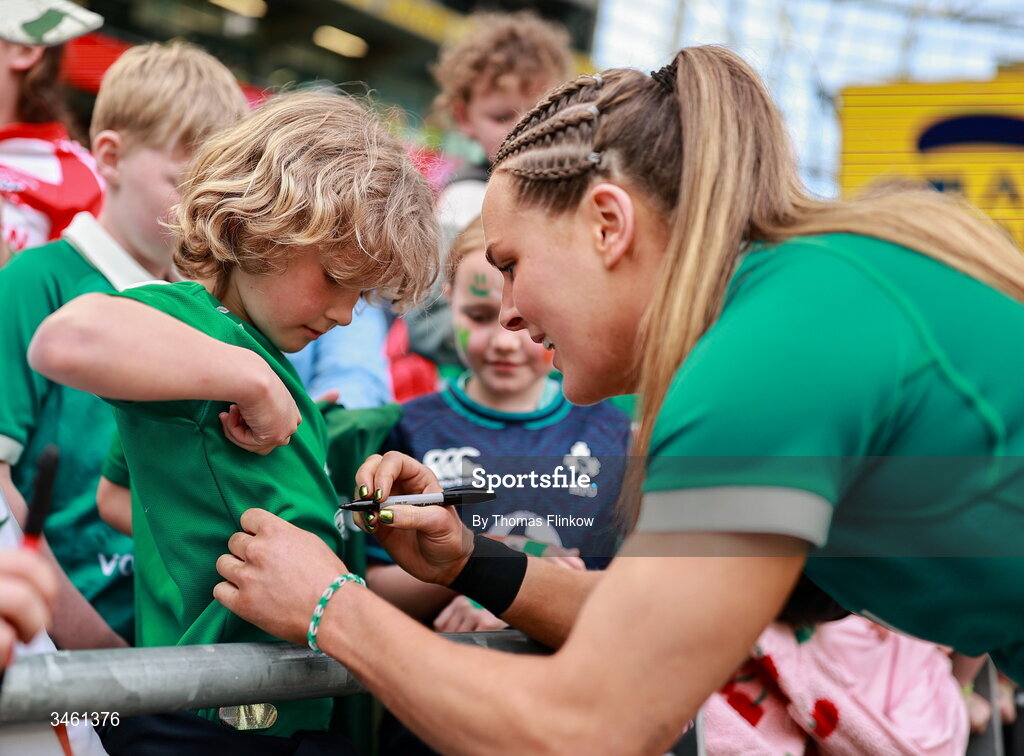17 May 2026; Béibhinn Parsons of Ireland signs autographs after the Women's 6 Nations Rugby Championship match between Ireland and Scotland at the Aviva Stadium in Dublin. Photo by Thomas Flinkow/Sportsfile