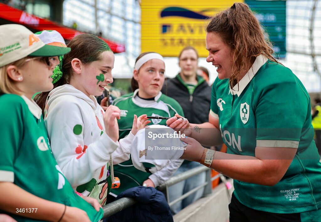 17 May 2026; Ellena Perry of Ireland signs autographs after the Women's 6 Nations Rugby Championship match between Ireland and Scotland at the Aviva Stadium in Dublin. Photo by Thomas Flinkow/Sportsfile