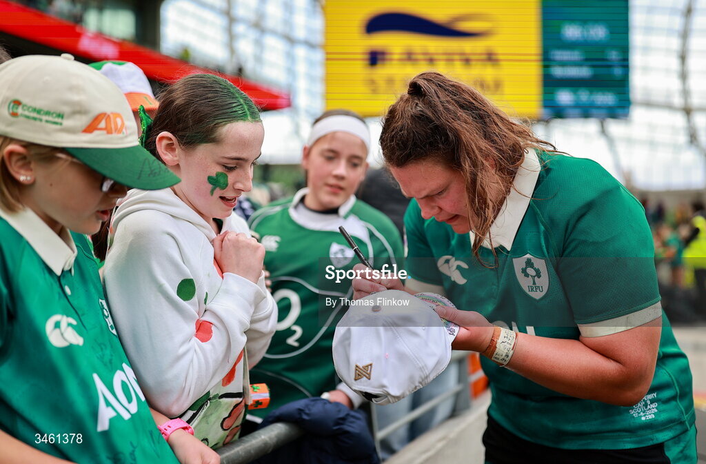 17 May 2026; Ellena Perry of Ireland signs autographs after the Women's 6 Nations Rugby Championship match between Ireland and Scotland at the Aviva Stadium in Dublin. Photo by Thomas Flinkow/Sportsfile