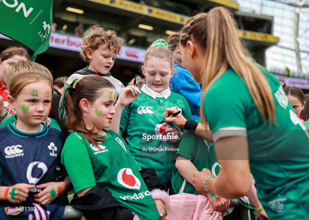 17 May 2026; Béibhinn Parsons of Ireland signs autographs after the Women's 6 Nations Rugby Championship match between Ireland and Scotland at the Aviva Stadium in Dublin. Photo by Thomas Flinkow/Sportsfile