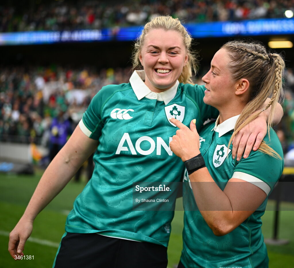 17 May 2026; Sam Monaghan, left, and Stacey Flood of Ireland celebrate after their side's victory in the Women's 6 Nations Rugby Championship match between Ireland and Scotland at the Aviva Stadium in Dublin. Photo by Shauna Clinton/Sportsfile