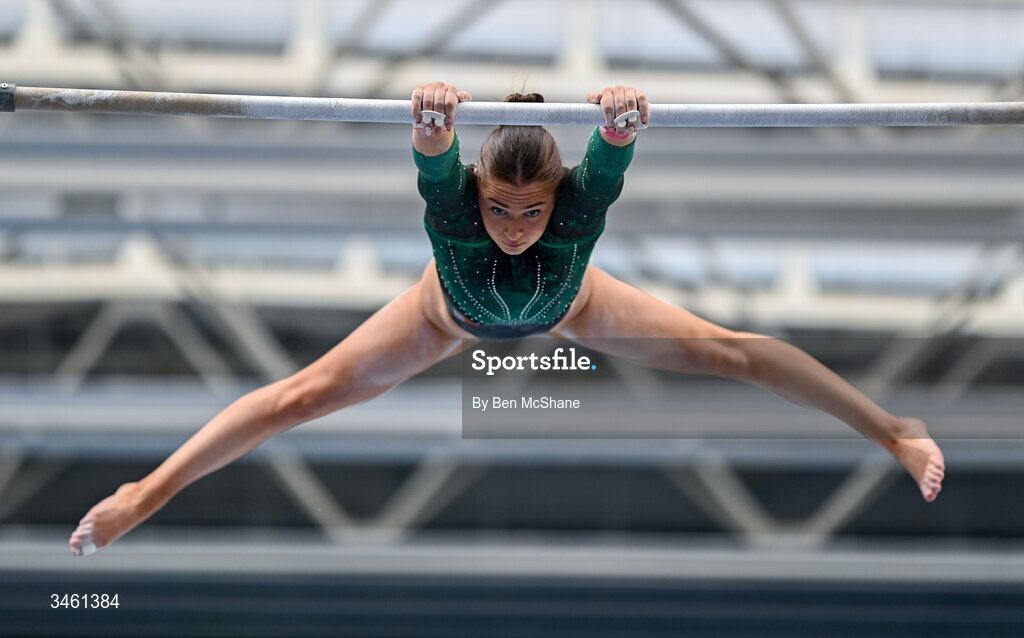 17 May 2026; Emma Slevin competes in the Uneven Bars event during the Gymnastics Ireland National Series Sport Ireland National Indoor Arena on the Sport Ireland Campus in Dublin. Photo by Ben McShane/Sportsfile