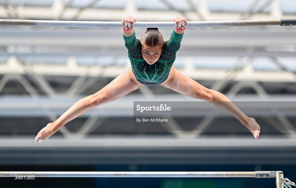 17 May 2026; Emma Slevin competes in the Uneven Bars event during the Gymnastics Ireland National Series Sport Ireland National Indoor Arena on the Sport Ireland Campus in Dublin. Photo by Ben McShane/Sportsfile