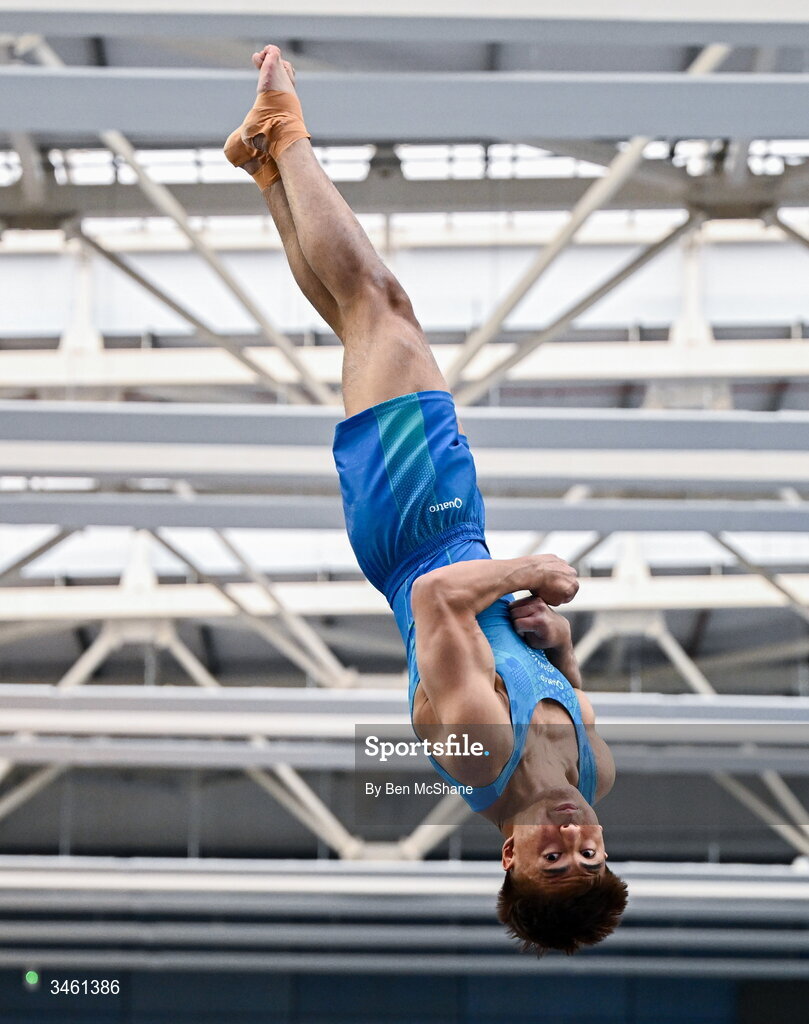 17 May 2026; Chester Henrick Enriquez competes in the Vault event during the Gymnastics Ireland National Series Sport Ireland National Indoor Arena on the Sport Ireland Campus in Dublin. Photo by Ben McShane/Sportsfile