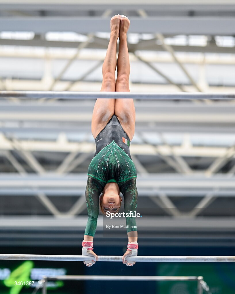 17 May 2026; Emma Slevin competes in the Uneven Bars event during the Gymnastics Ireland National Series Sport Ireland National Indoor Arena on the Sport Ireland Campus in Dublin. Photo by Ben McShane/Sportsfile