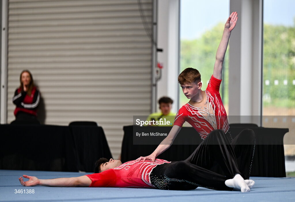 17 May 2026; TJ Fenlon and Aaron Byrne compete in the acrobatics floor event during the Gymnastics Ireland National Series Sport Ireland National Indoor Arena on the Sport Ireland Campus in Dublin. Photo by Ben McShane/Sportsfile