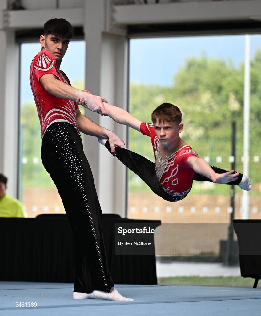 17 May 2026; TJ Fenlon and Aaron Byrne compete in the acrobatics floor event during the Gymnastics Ireland National Series Sport Ireland National Indoor Arena on the Sport Ireland Campus in Dublin. Photo by Ben McShane/Sportsfile