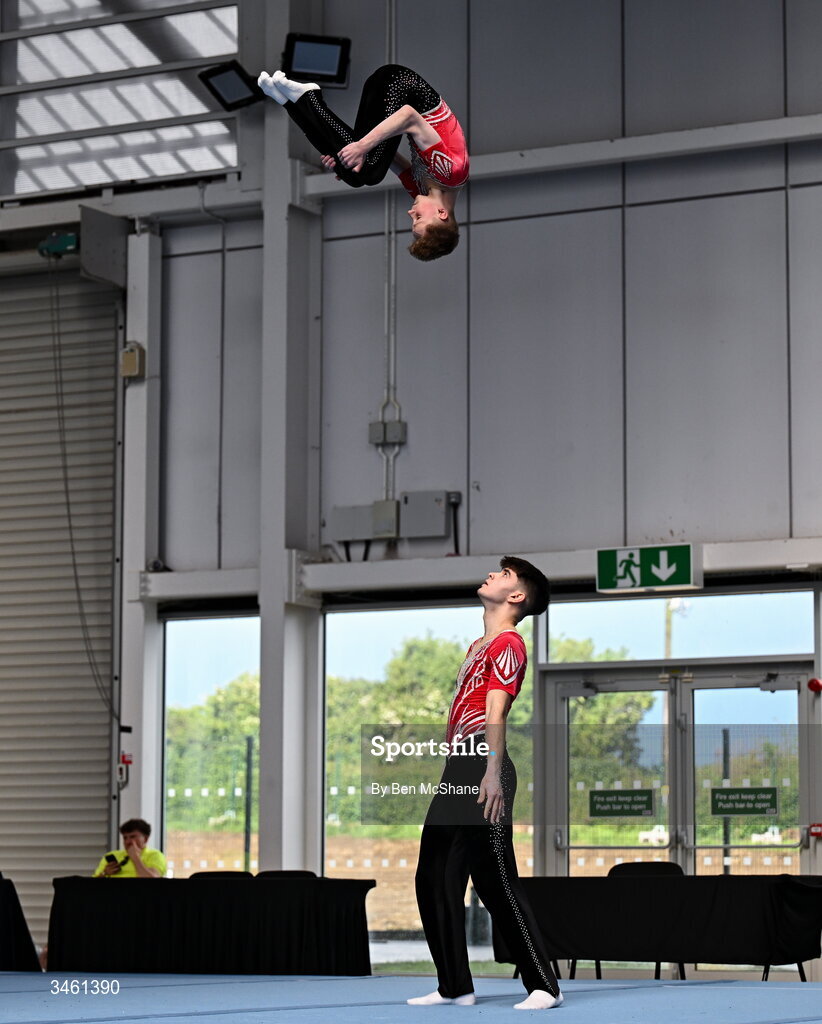 17 May 2026; TJ Fenlon and Aaron Byrne compete in the acrobatics floor event during the Gymnastics Ireland National Series Sport Ireland National Indoor Arena on the Sport Ireland Campus in Dublin. Photo by Ben McShane/Sportsfile