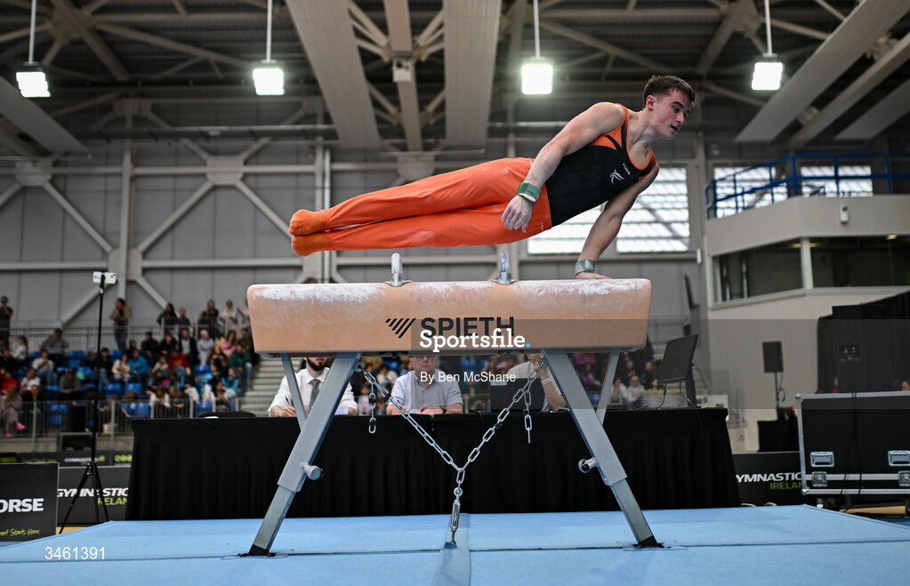 17 May 2026; James Hickey competes in the Pommel Horse event during the Gymnastics Ireland National Series Sport Ireland National Indoor Arena on the Sport Ireland Campus in Dublin. Photo by Ben McShane/Sportsfile