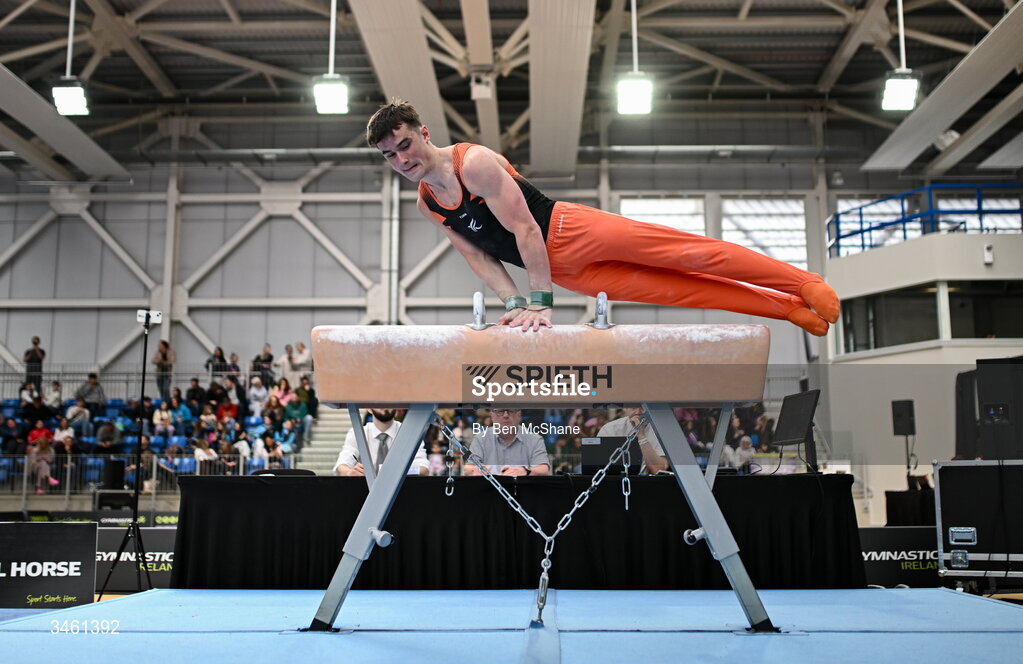 17 May 2026; James Hickey competes in the Pommel Horse event during the Gymnastics Ireland National Series Sport Ireland National Indoor Arena on the Sport Ireland Campus in Dublin. Photo by Ben McShane/Sportsfile