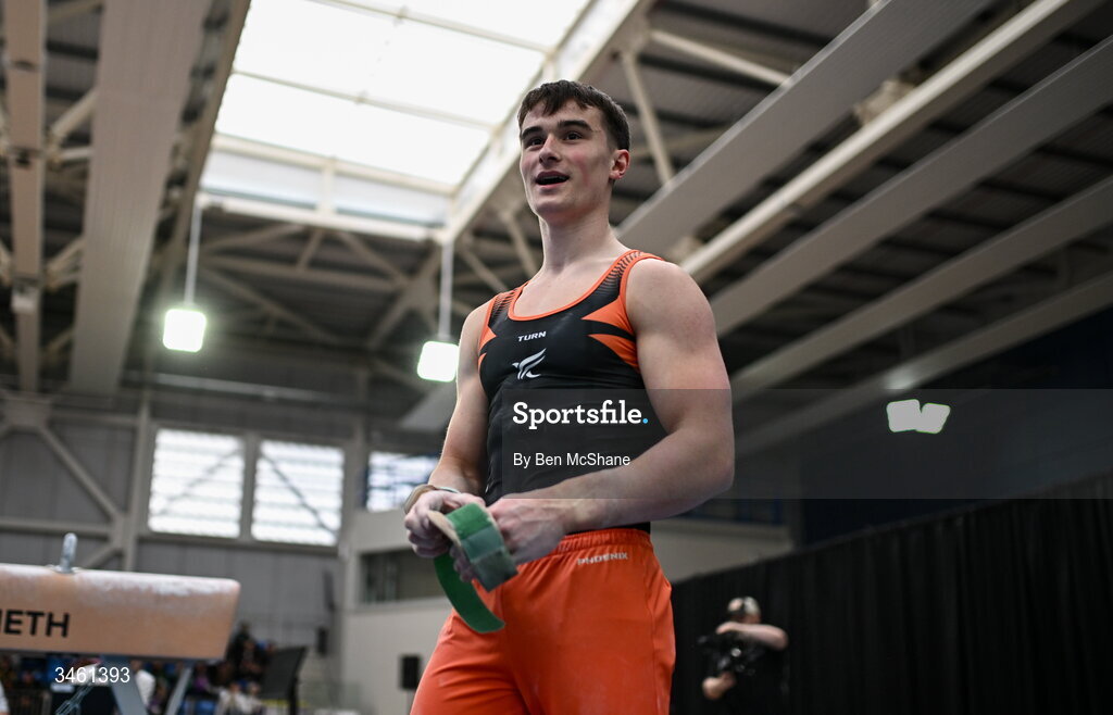 17 May 2026; James Hickey after competing in the Pommel Horse event during the Gymnastics Ireland National Series Sport Ireland National Indoor Arena on the Sport Ireland Campus in Dublin. Photo by Ben McShane/Sportsfile